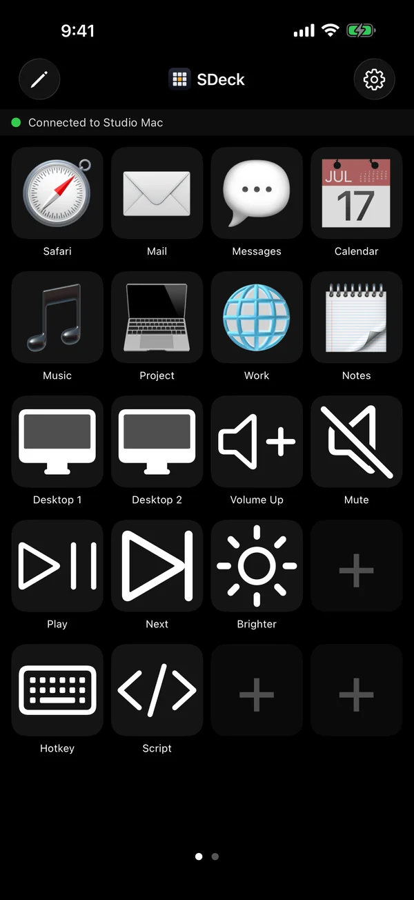 SDeck on iPhone showing a grid of buttons for Safari, Mail, Messages, desktops, volume, media, hotkeys, and scripts