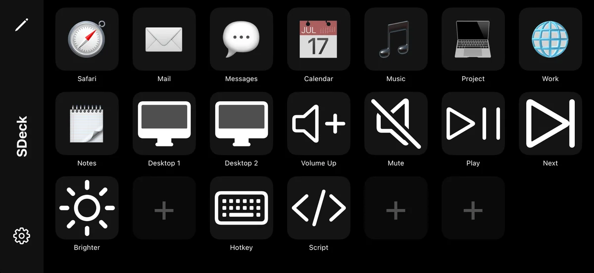 SDeck in landscape on iPhone with a sidebar and three rows of seven buttons