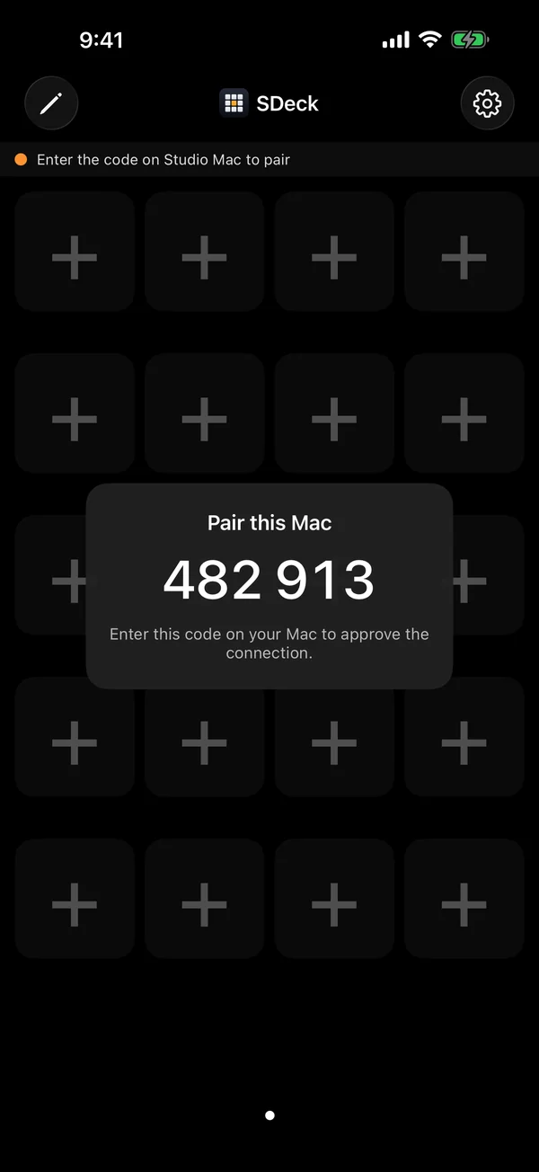 Pairing screen showing a 6-digit code