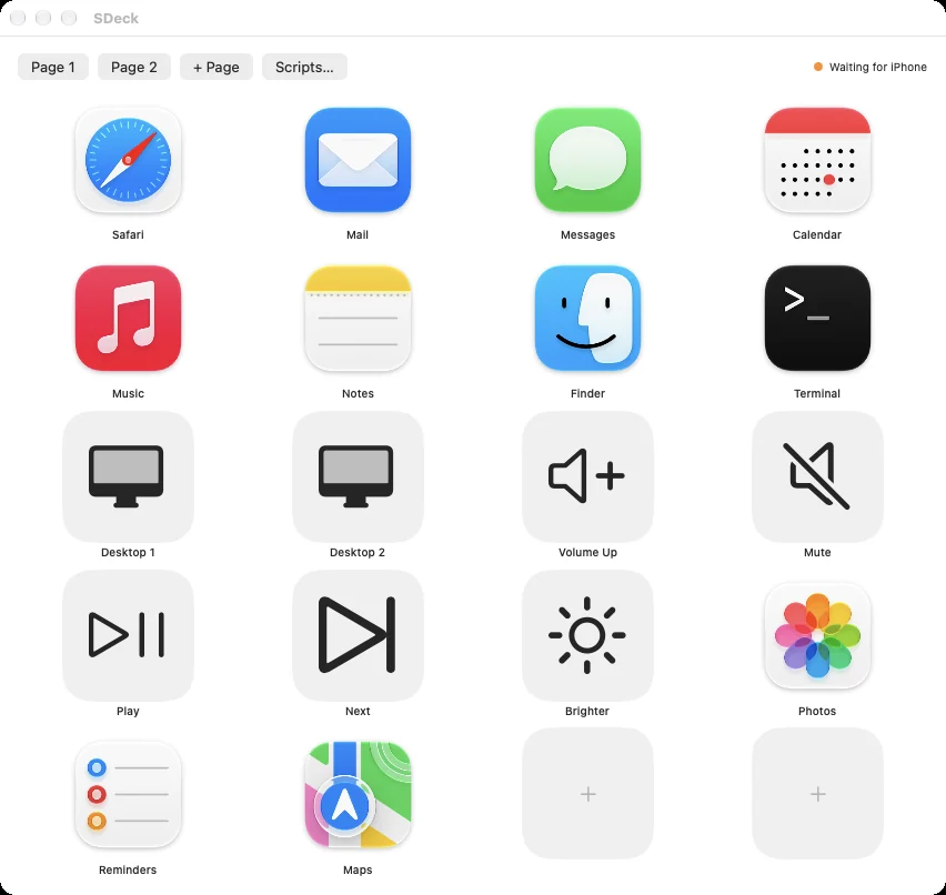 The SDeck Layout Editor on a Mac, showing a grid of app, desktop, volume, media, and brightness buttons