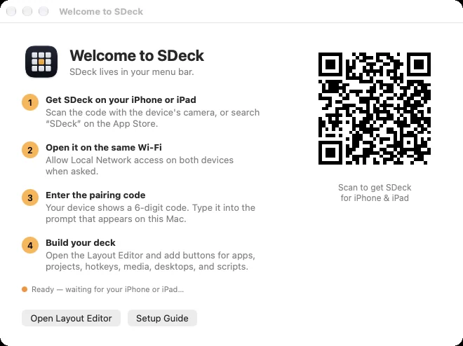 The SDeck Welcome window on Mac with setup steps and a QR code for the iPhone app